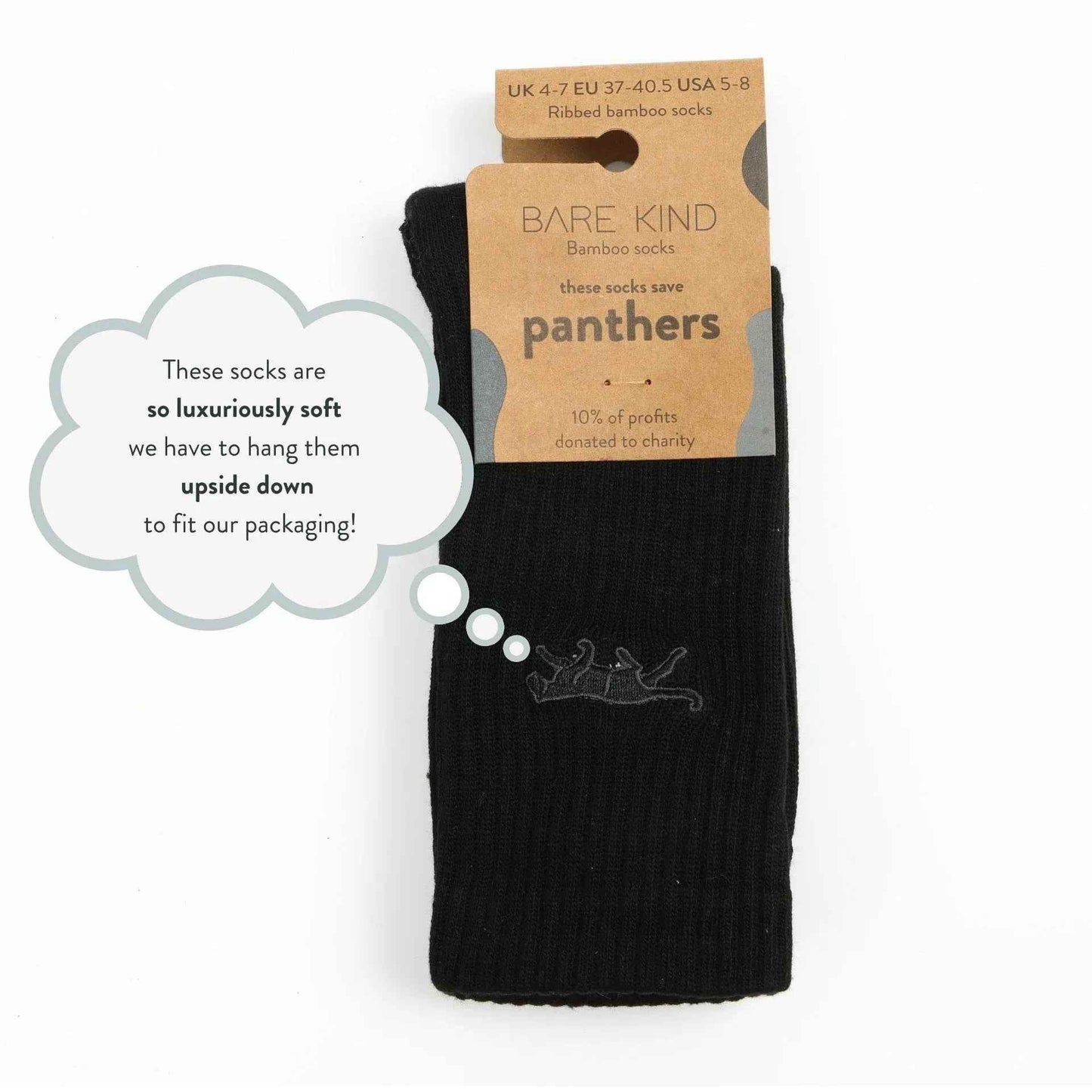 Barekind NZ black ribbed bamboo socks for adults, featuring a Save the Black Panthers design and comfortable, eco-friendly material.