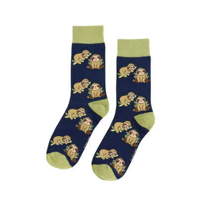 Barekind NZ bamboo socks featuring a blue sloth design, adult size 4-7, soft and eco-friendly for comfortable wear.