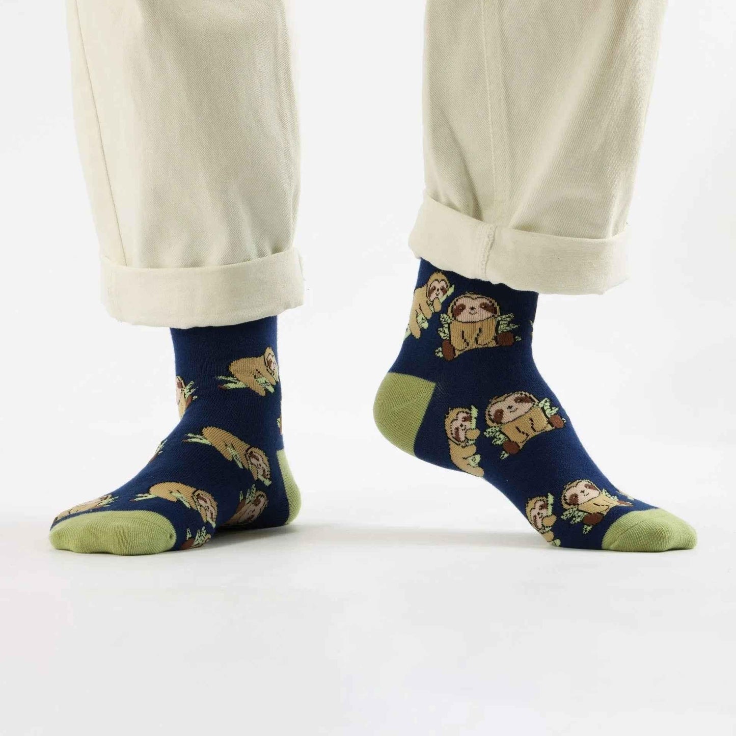 Barekind NZ bamboo socks featuring a blue sloth design, comfortable and eco-friendly for adult wear.