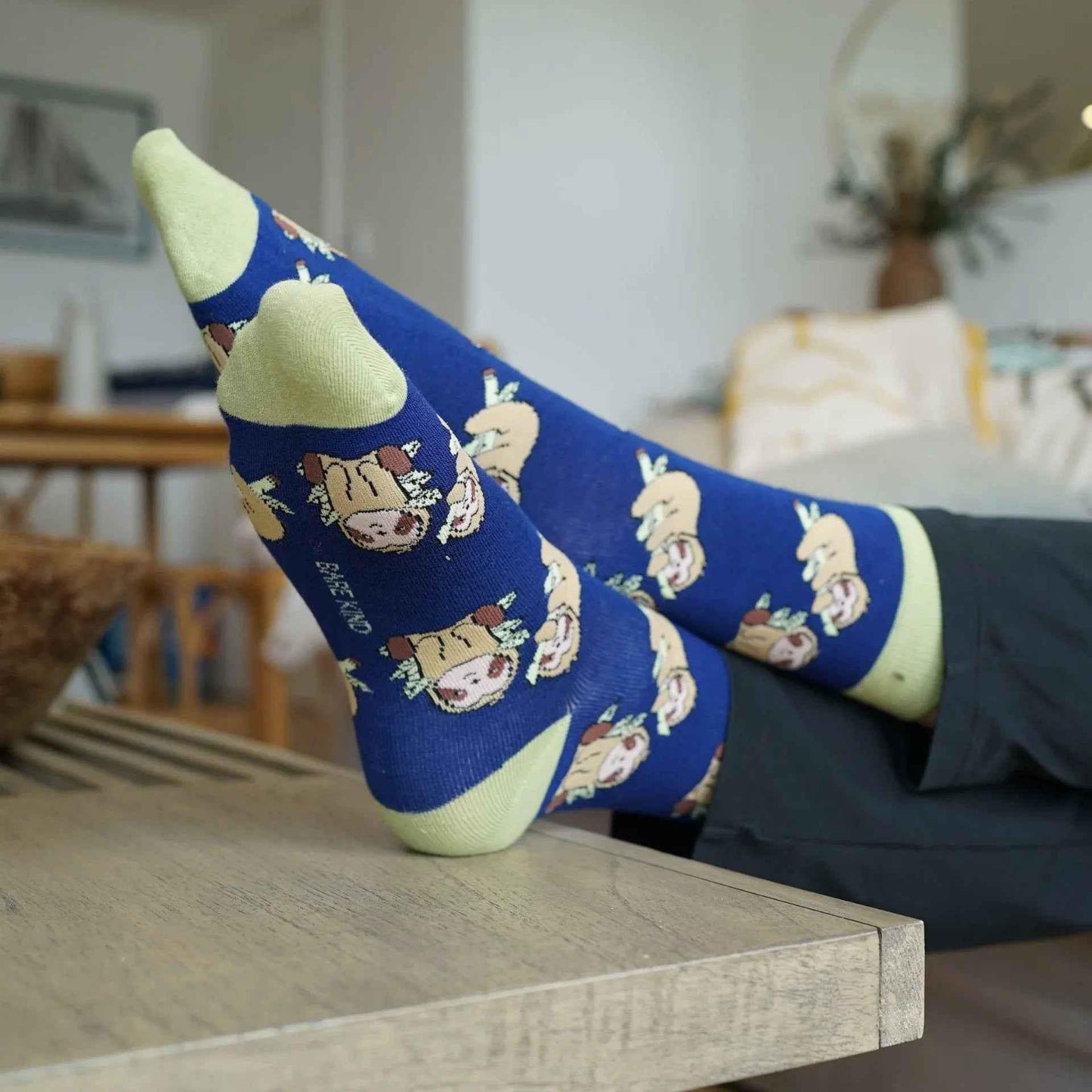 Barekind NZ bamboo socks featuring a blue sloth design, comfortable and eco-friendly socks for adults.