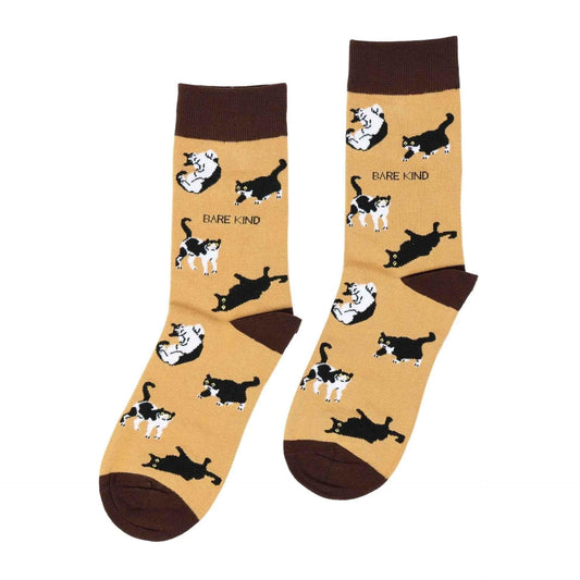 Barekind NZ bamboo socks featuring a brown cat design, perfect for comfort and style in adult sizes 4-7.