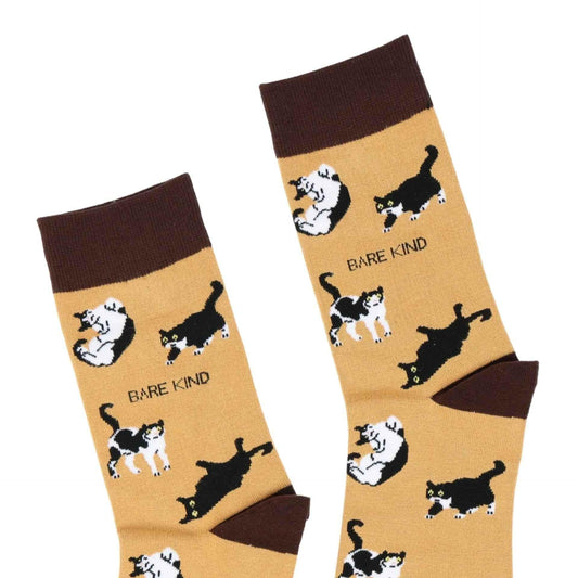 Barekind NZ bamboo socks featuring a brown cat design, perfect for adults, size 4-7.