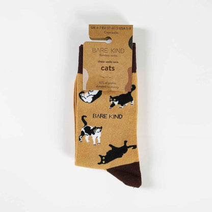 Barekind NZ bamboo socks featuring a brown cat design, suitable for adult UK sizes 4-7, with eco-friendly bamboo material.