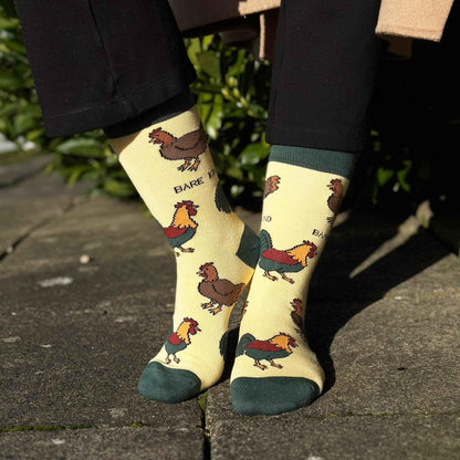 Barekind NZ Save the Chickens bamboo socks for adults, featuring a colorful chicken pattern, made from eco-friendly bamboo material.