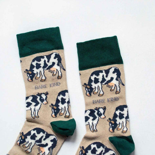 Barekind NZ bamboo socks featuring cow print design, eco-friendly socks for adults with soft, breathable bamboo fabric.