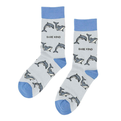 Barekind NZ Save the Dolphin bamboo socks for adults, featuring a playful dolphin design on eco-friendly bamboo fabric.