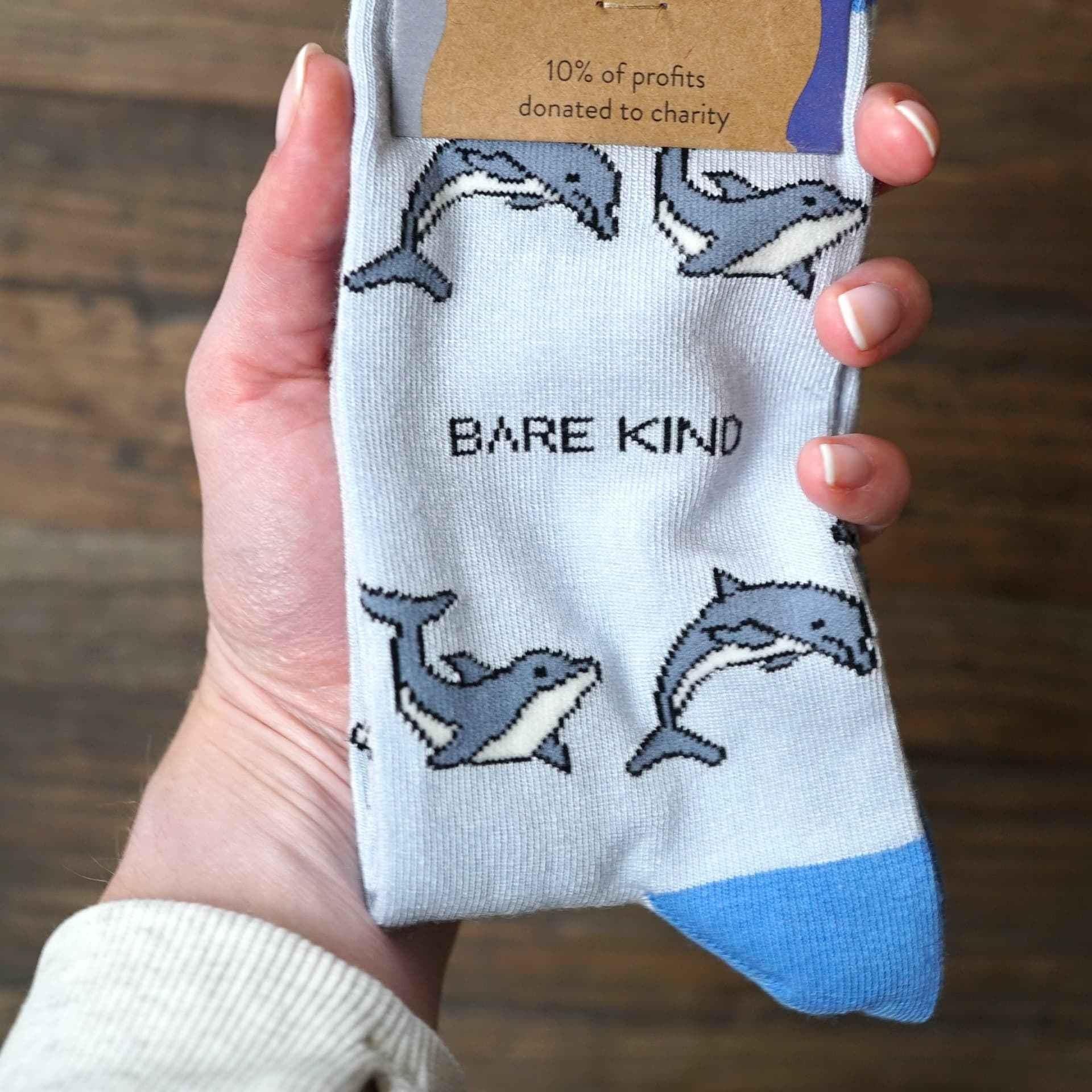 Barekind NZ bamboo socks featuring dolphin design, adult size 4-7, eco-friendly and comfortable footwear.