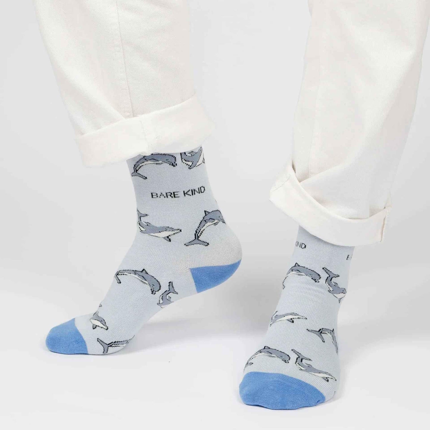 Barekind NZ Save the Dolphin bamboo socks for adults featuring dolphin and ocean print, comfortable and eco-friendly bamboo fabric.
