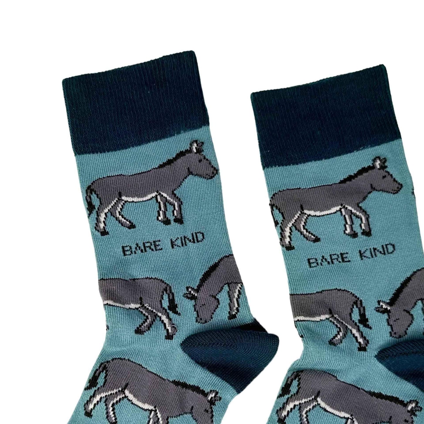 Barekind NZ bamboo socks featuring "Save the Donkeys" design, adult size 4-7, soft and eco-friendly sock for men and women.