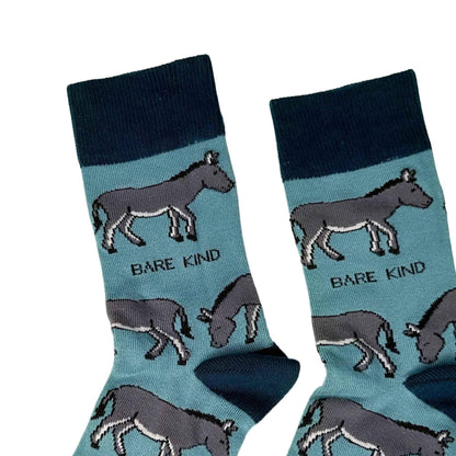 Barekind NZ bamboo socks featuring "Save the Donkeys" design, adult size 4-7, soft and eco-friendly sock for men and women.