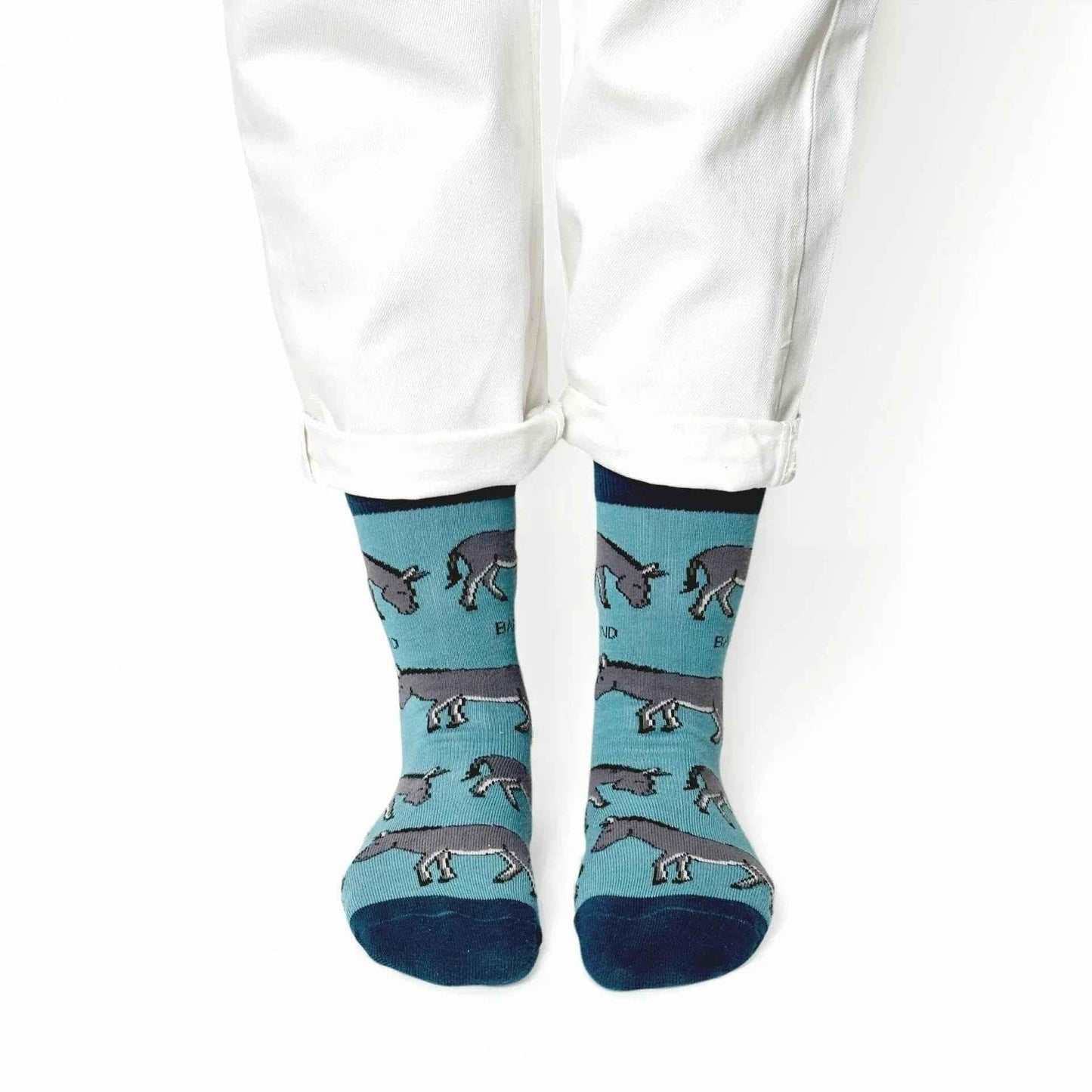 Barekind NZ bamboo socks featuring a Save the Donkeys design, suitable for adult UK size 4-7, made from eco-friendly bamboo fabric.