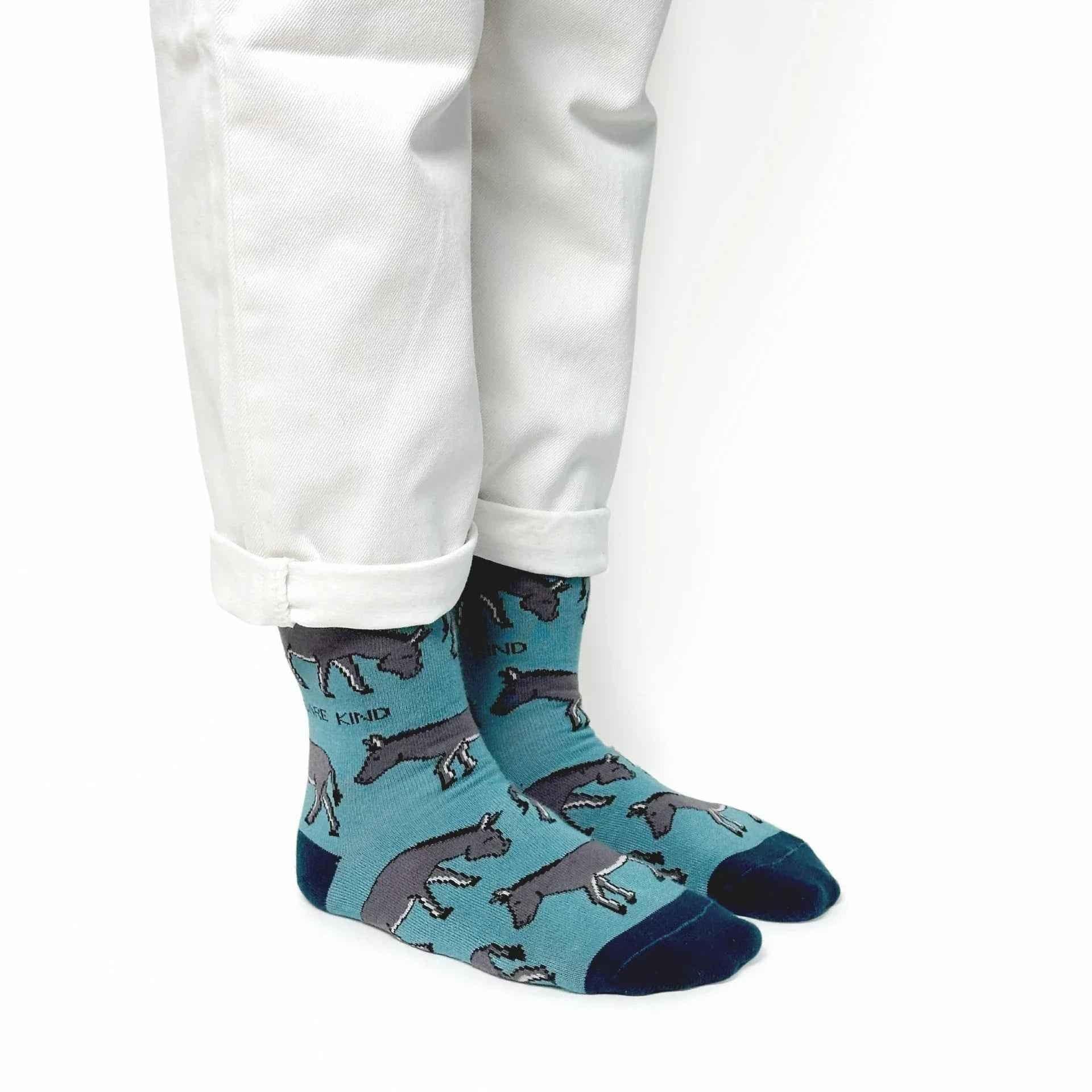 Barekind NZ Save the Donkeys bamboo socks for adults, featuring a colorful donkey pattern on soft, eco-friendly bamboo fabric.