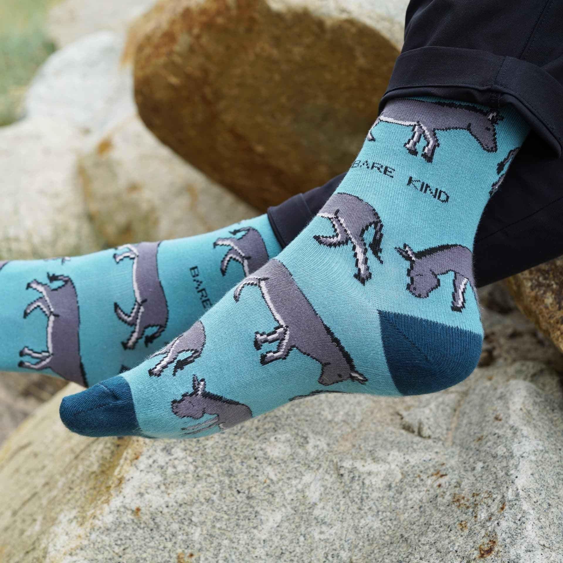 Barekind NZ Save the Donkeys bamboo socks for adults, featuring a colorful donkey design on soft, eco-friendly bamboo fabric.
