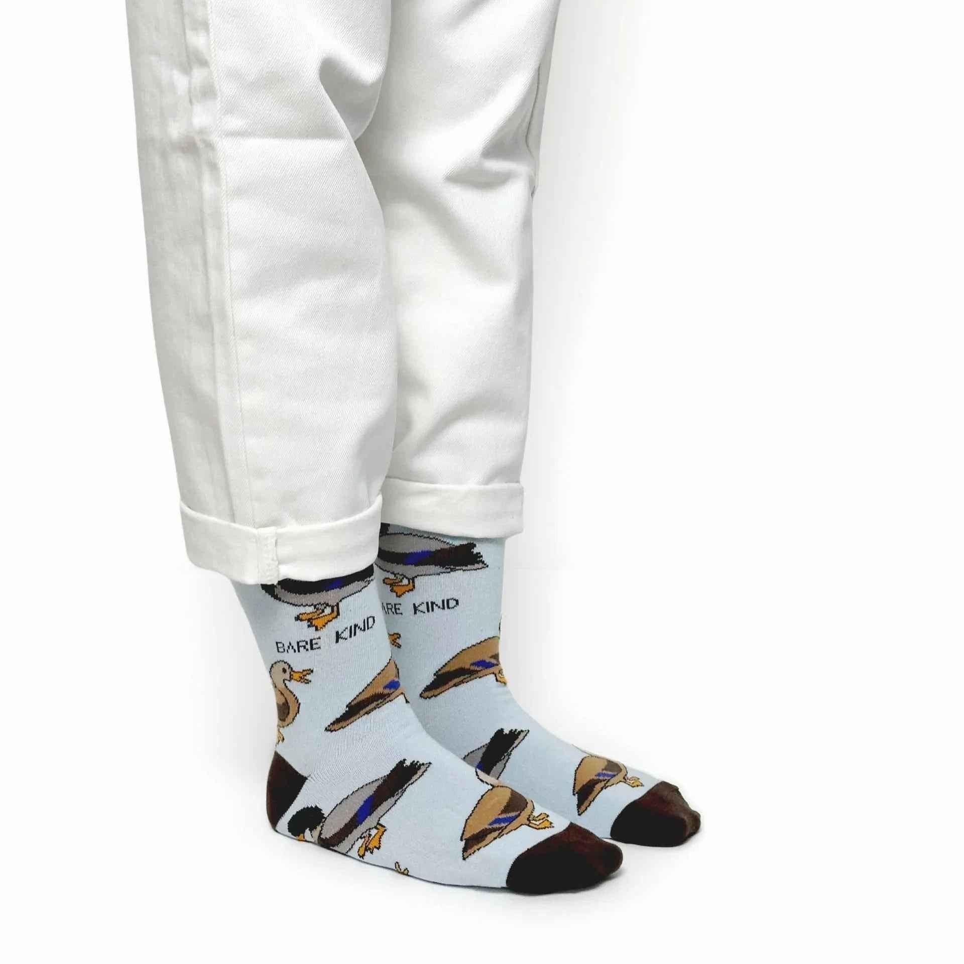 Barekind NZ bamboo socks featuring colorful duck patterns, designed for adults, showcasing eco-friendly, comfortable sock material.