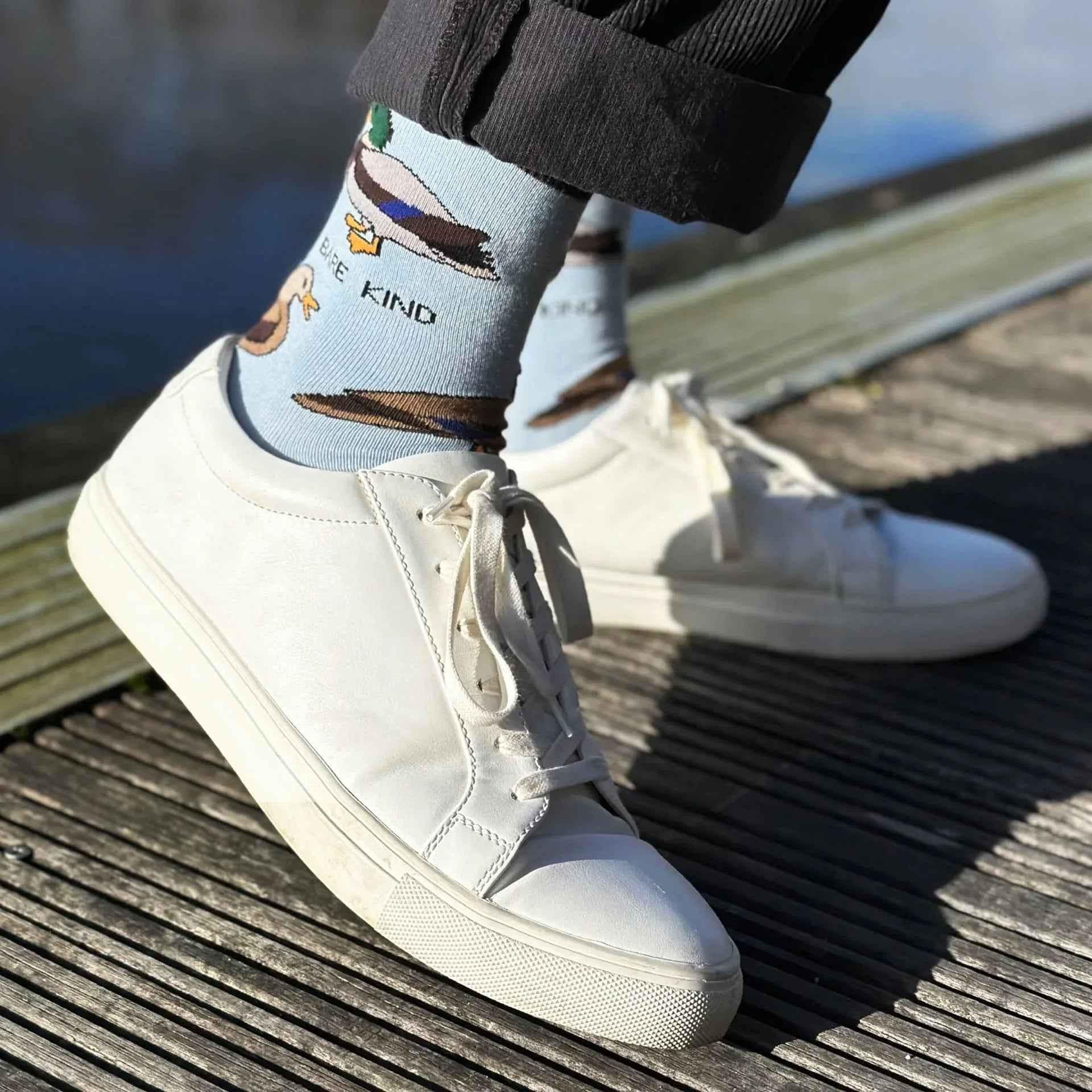 Barekind NZ bamboo socks featuring a Save the Ducks design, suitable for adults size 4-7, made from sustainable bamboo material.