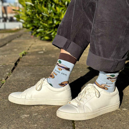 Barekind NZ bamboo socks featuring Save the Ducks design, adult size 4-7, eco-friendly socks with duck-themed pattern.
