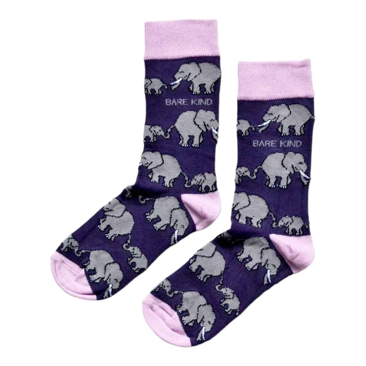 Barekind NZ bamboo socks featuring Save the Elephants design, adult size 4-7, with eco-friendly bamboo material and elephant print.