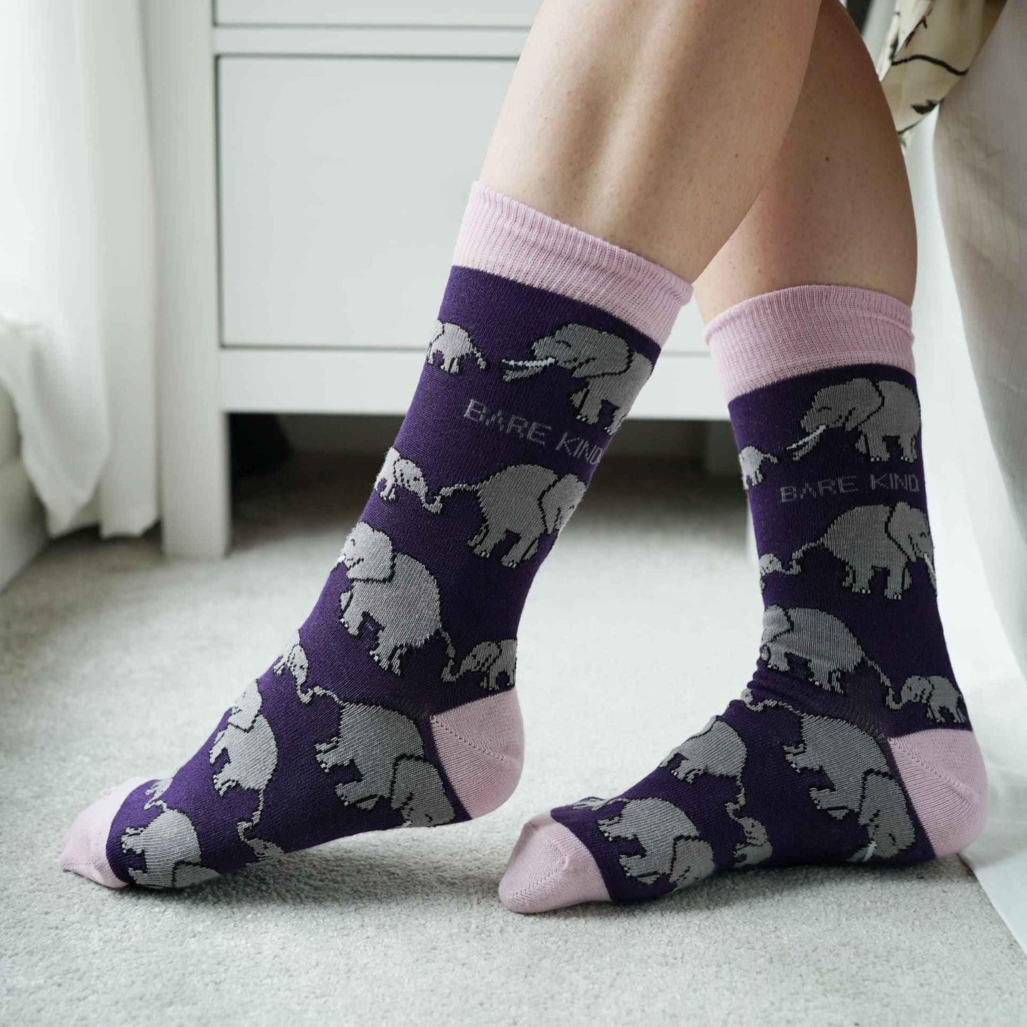 Barekind NZ Save the Elephants bamboo socks for adults, featuring elephant design, made from eco-friendly bamboo material.