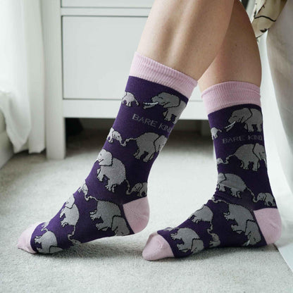 Barekind NZ Save the Elephants bamboo socks for adults, featuring elephant design, made from eco-friendly bamboo material.