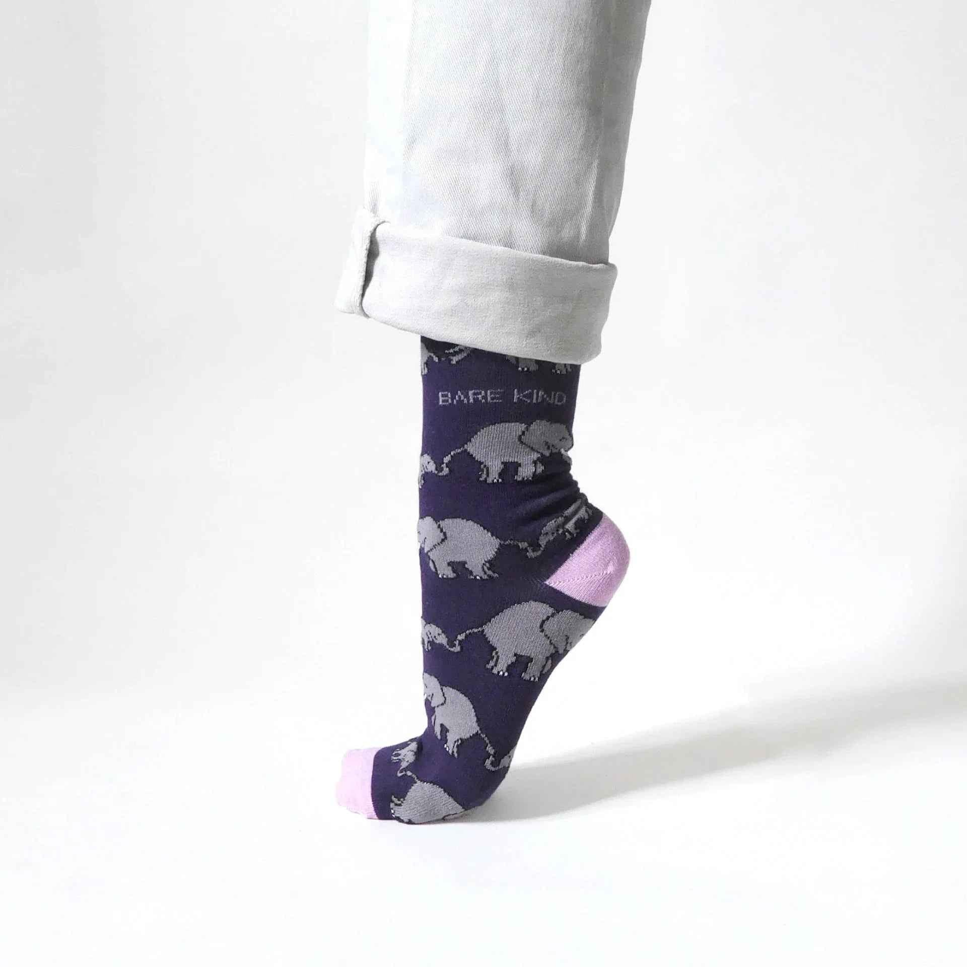 Barekind NZ bamboo socks featuring elephant design, adult size 4-7, eco-friendly and comfortable footwear.