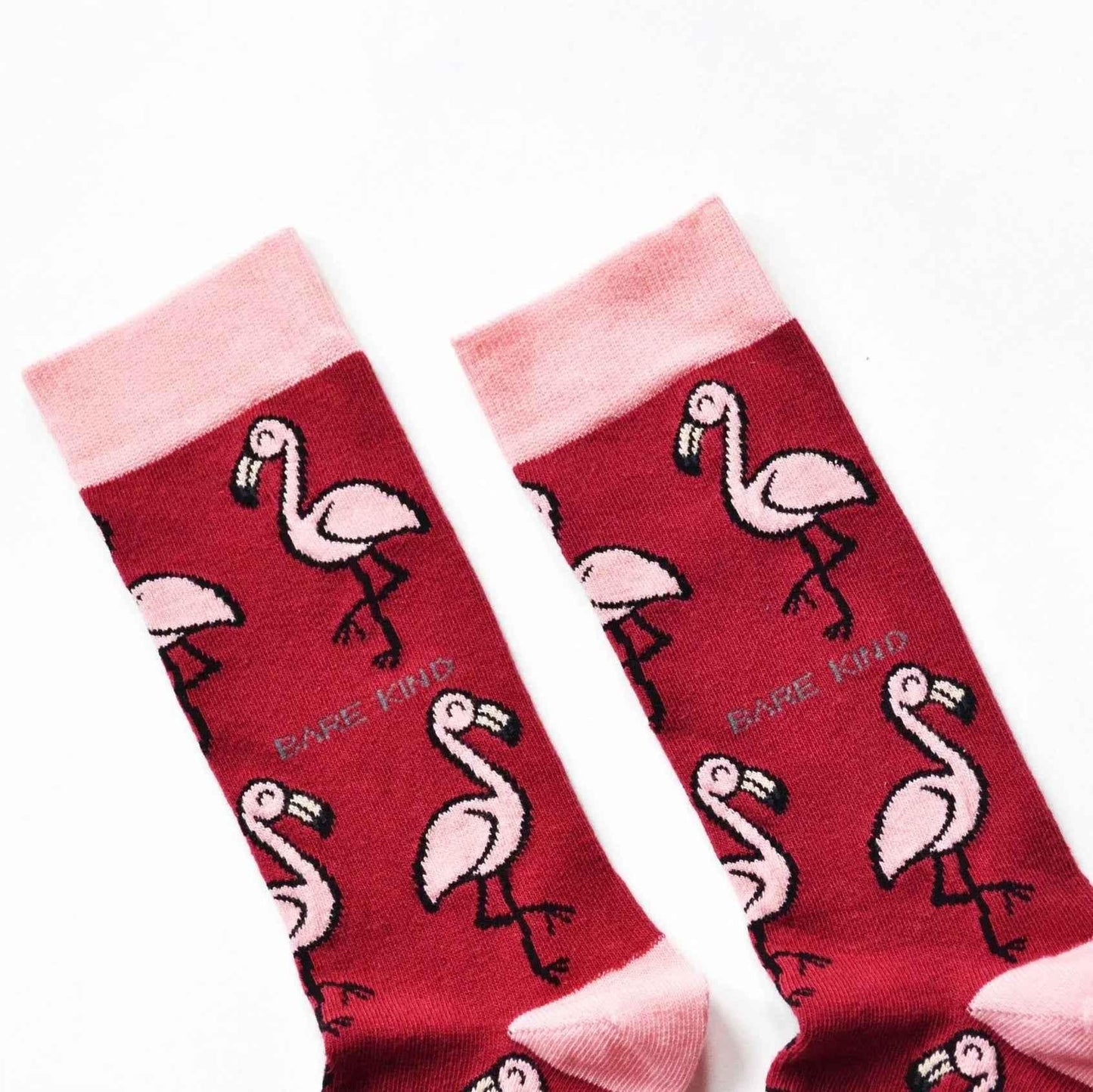 Barekind NZ bamboo socks featuring flamingo design, comfortable adult socks with colorful flamingo artwork.