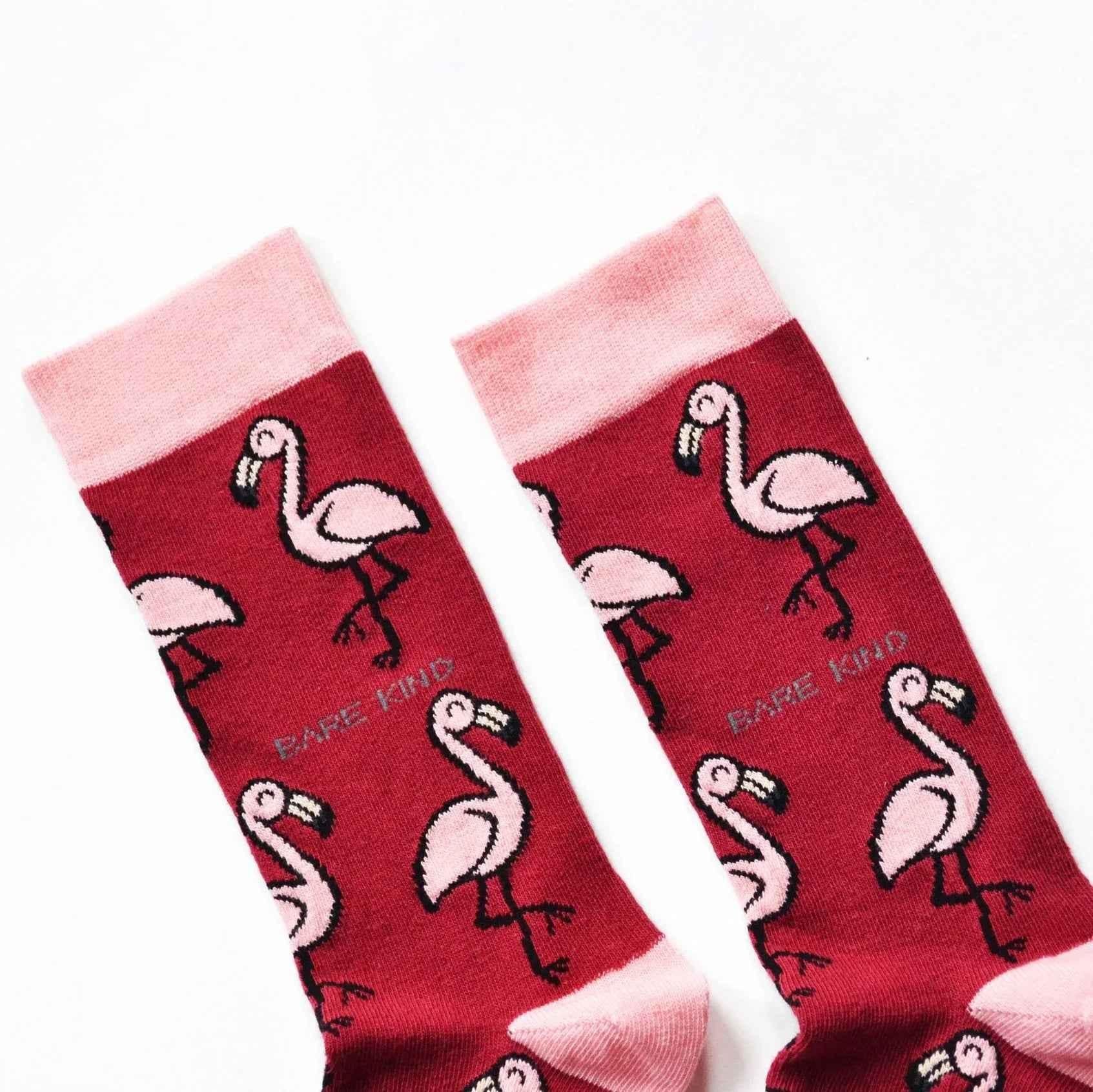 Barekind NZ bamboo socks featuring flamingo design, comfortable adult socks with colorful flamingo artwork.