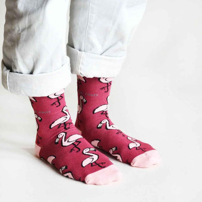 Barekind NZ bamboo socks featuring colorful flamingo design, adult size 4-7, comfortable and eco-friendly socks.
