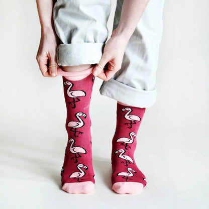 Barekind NZ bamboo socks featuring flamingo design, soft and comfortable socks for adults with vibrant flamingo pattern.