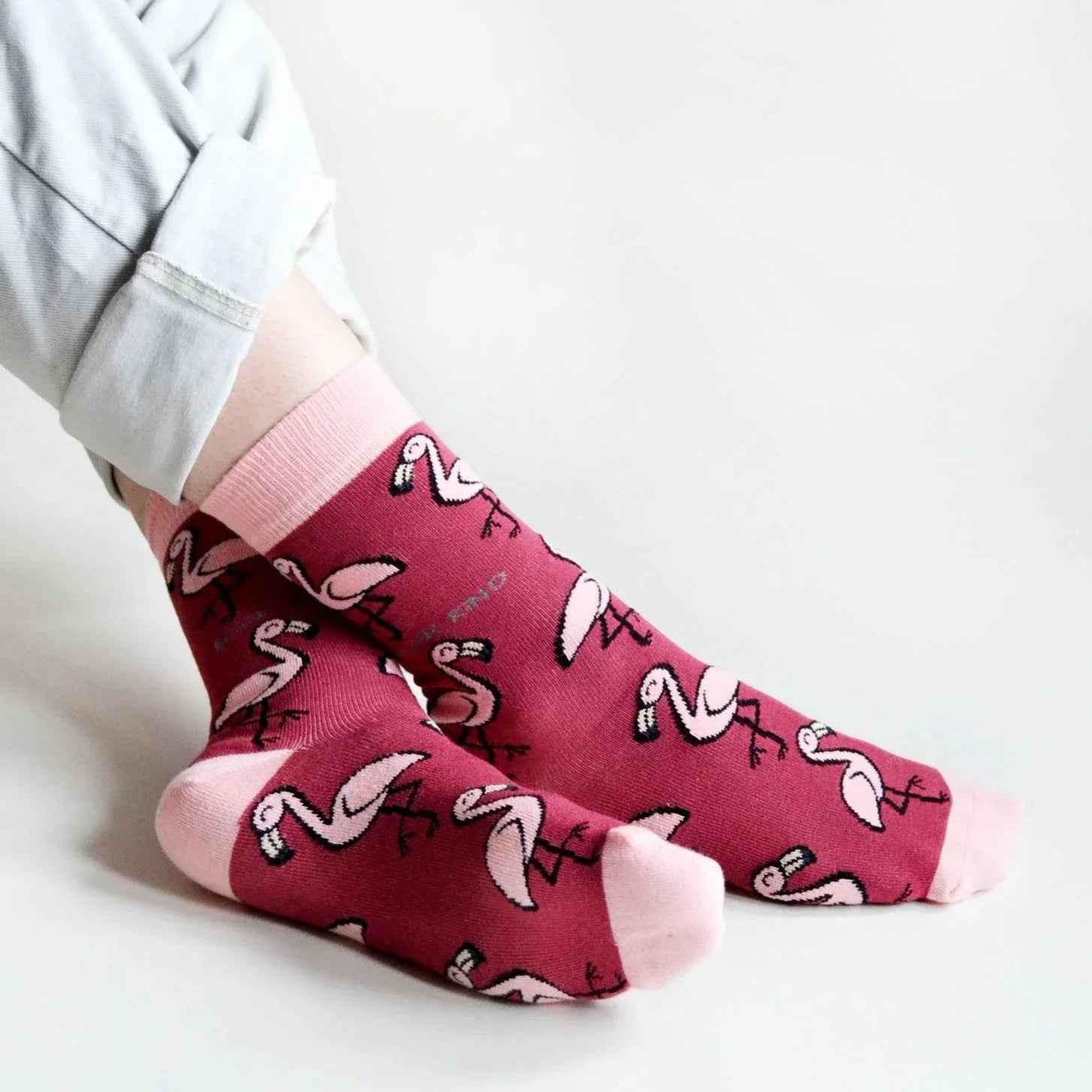 Barekind NZ bamboo socks featuring flamingo design, comfortable and eco-friendly socks for adults with vibrant pink flamingos.