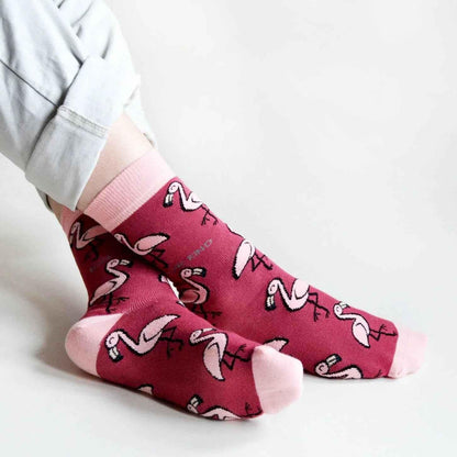 Barekind NZ bamboo socks featuring flamingo design, comfortable and eco-friendly socks for adults with vibrant pink flamingos.