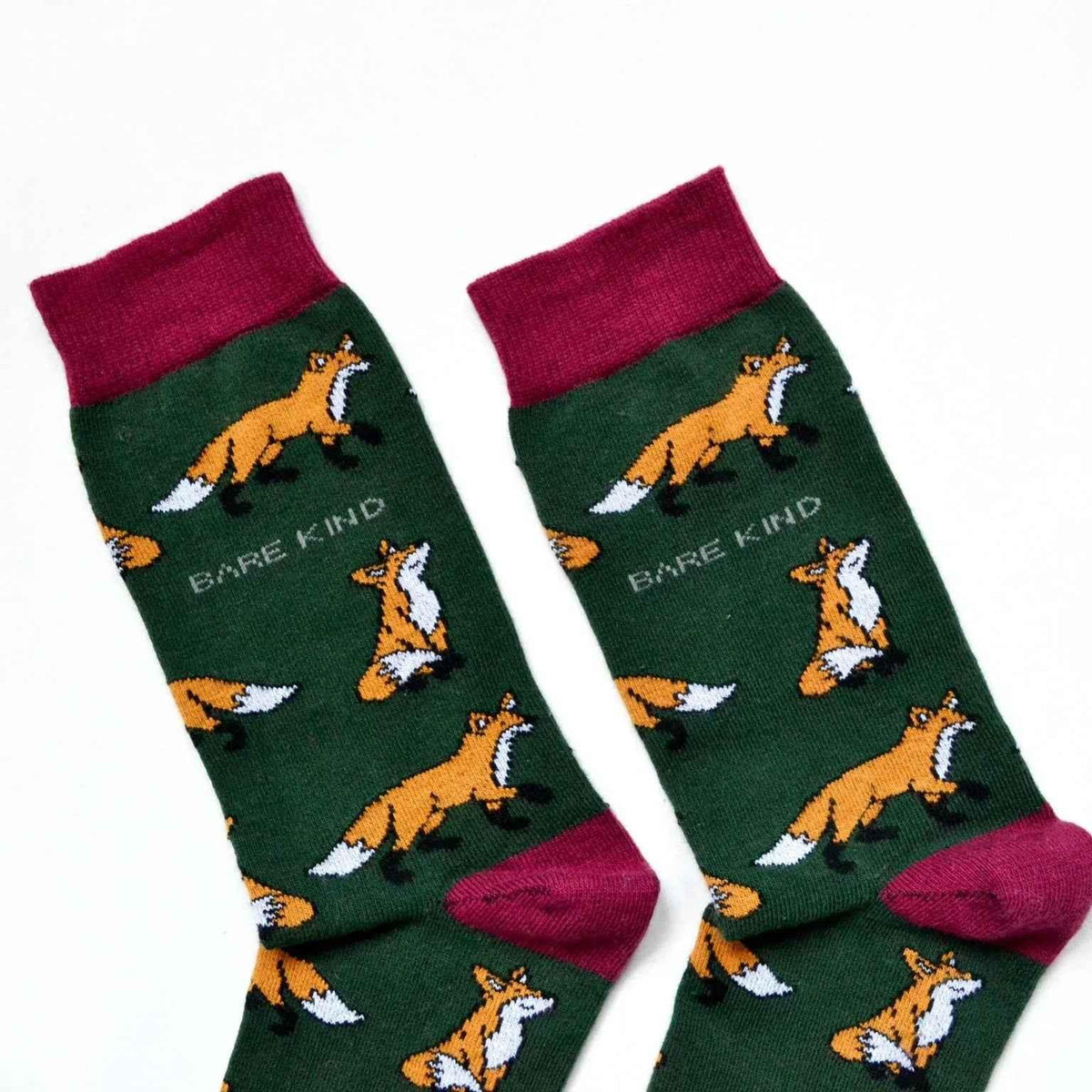 Barekind NZ bamboo socks featuring a colorful fox design, designed for adults, emphasizing comfort and eco-friendly materials.