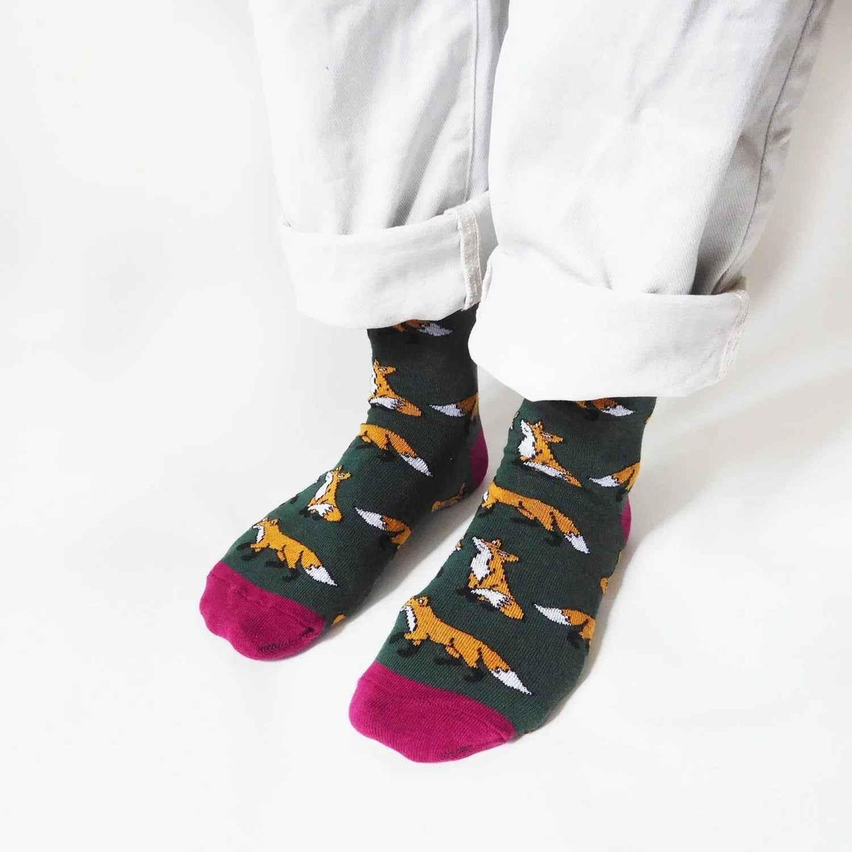 Barekind NZ bamboo socks featuring a fox design, designed for adult size 4-7, showcasing eco-friendly material and colorful pattern.