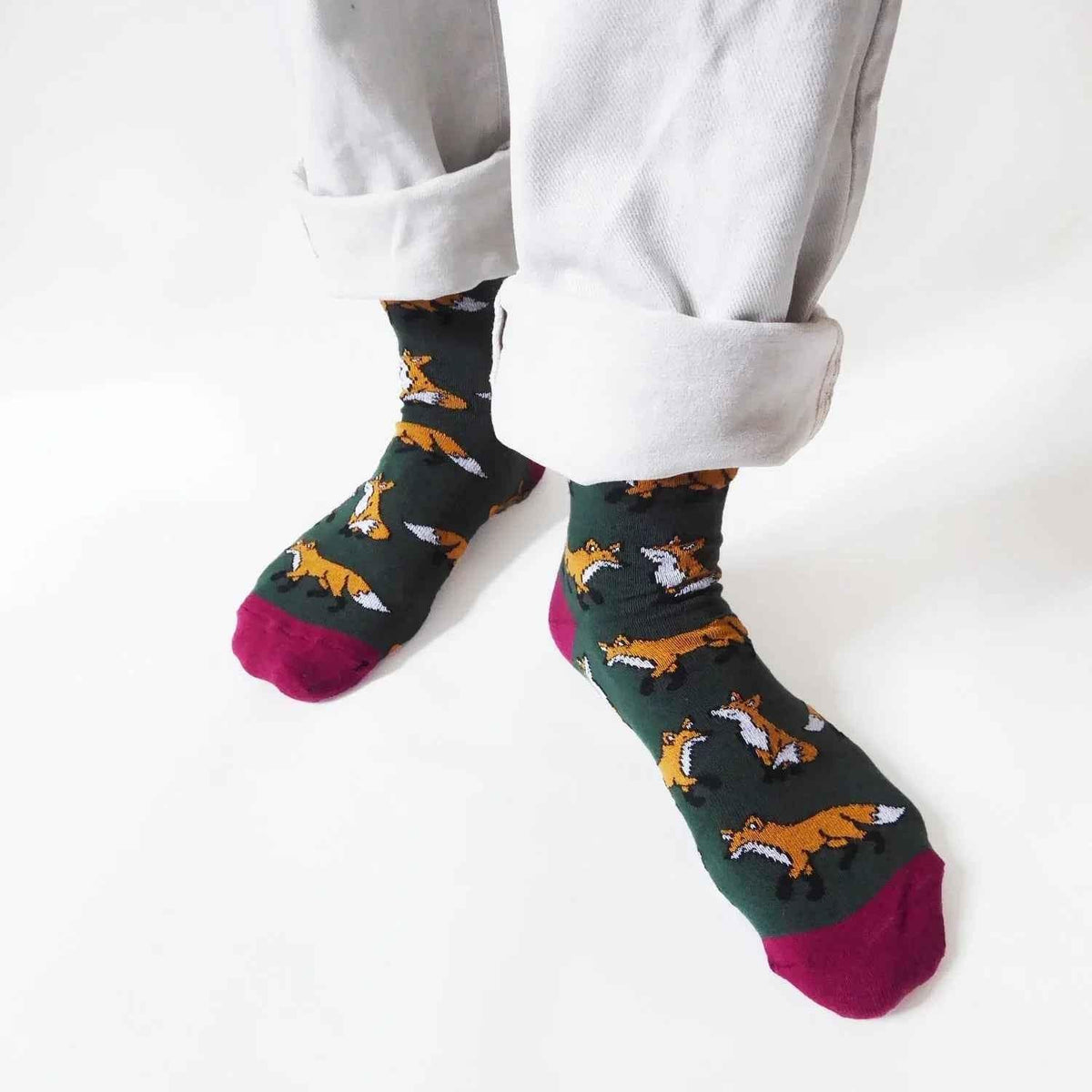 Barekind NZ bamboo socks featuring colorful fox designs, designed for adult sizes 4-7, made from soft, eco-friendly bamboo material.