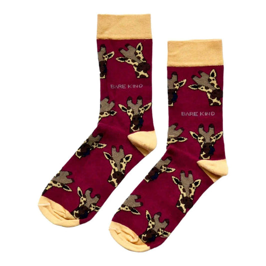 Barekind NZ bamboo socks featuring giraffe designs, adult size 4-7, made from eco-friendly bamboo material.