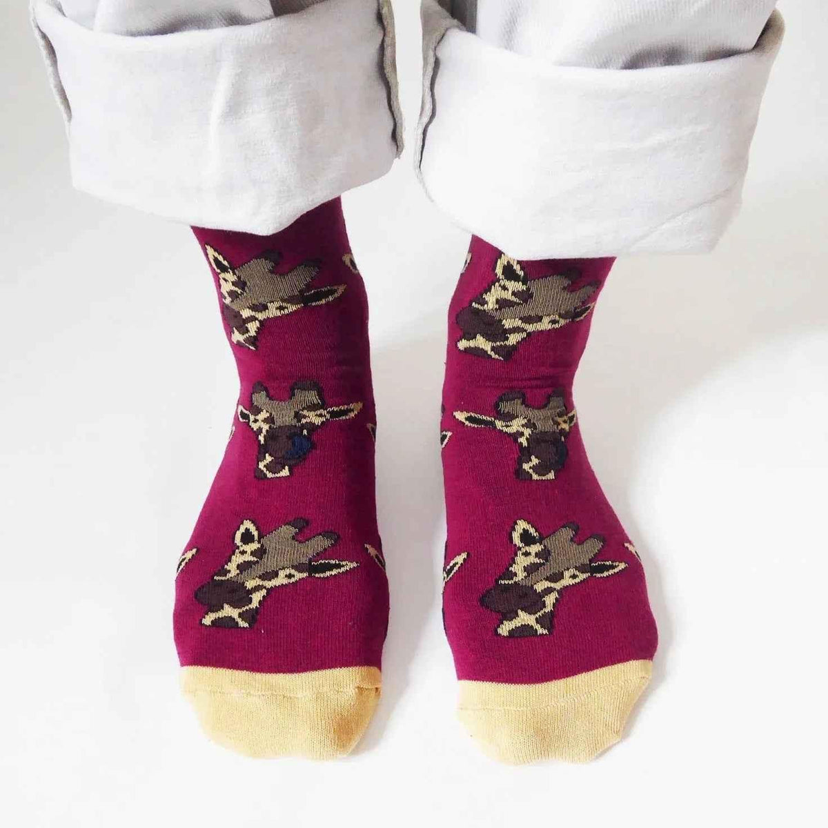 Barekind NZ bamboo socks featuring giraffe print, designed for adults size 4-7, made with eco-friendly bamboo material.