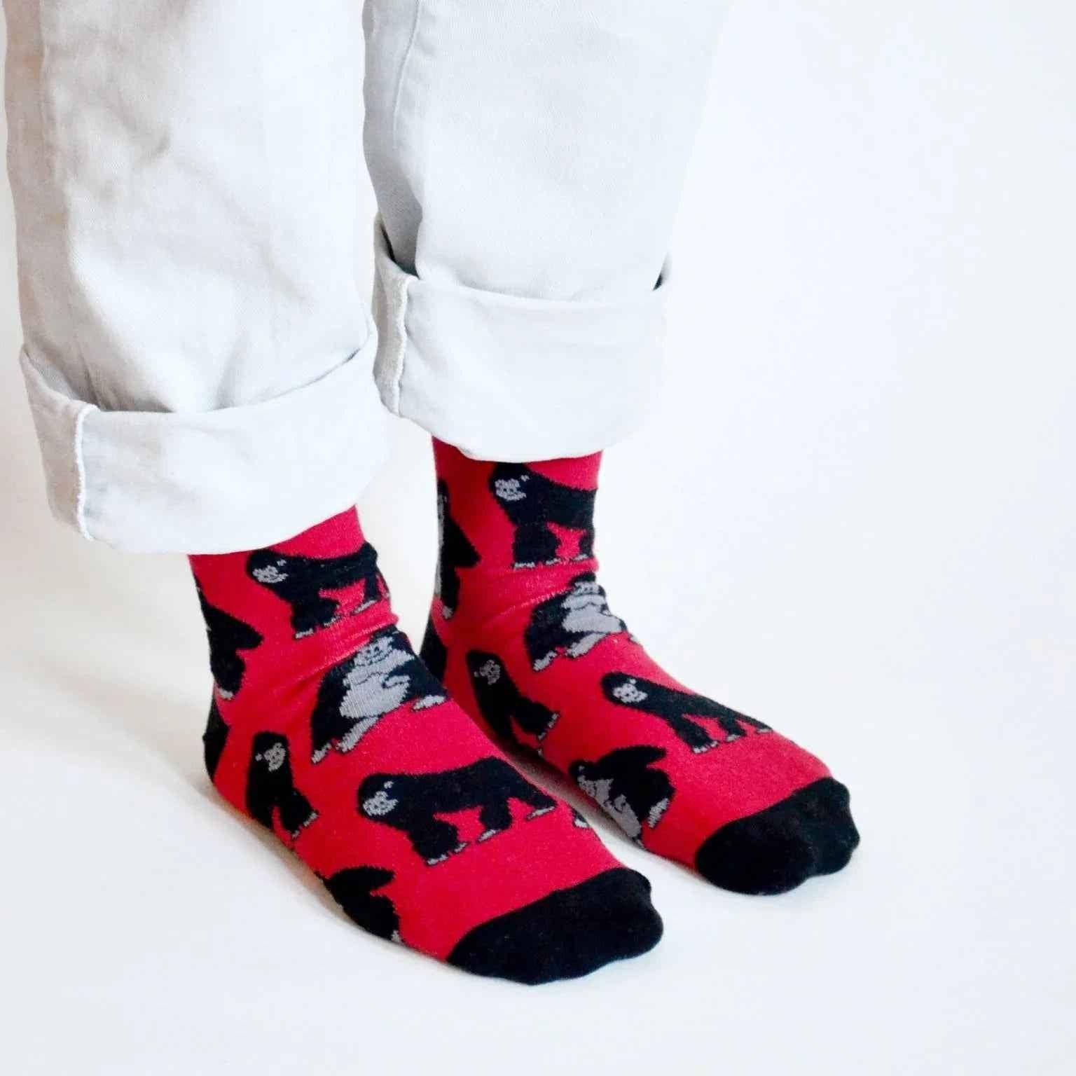 Barekind NZ Save the Gorillas bamboo socks for adults, featuring eco-friendly bamboo fabric with a vibrant gorilla design.