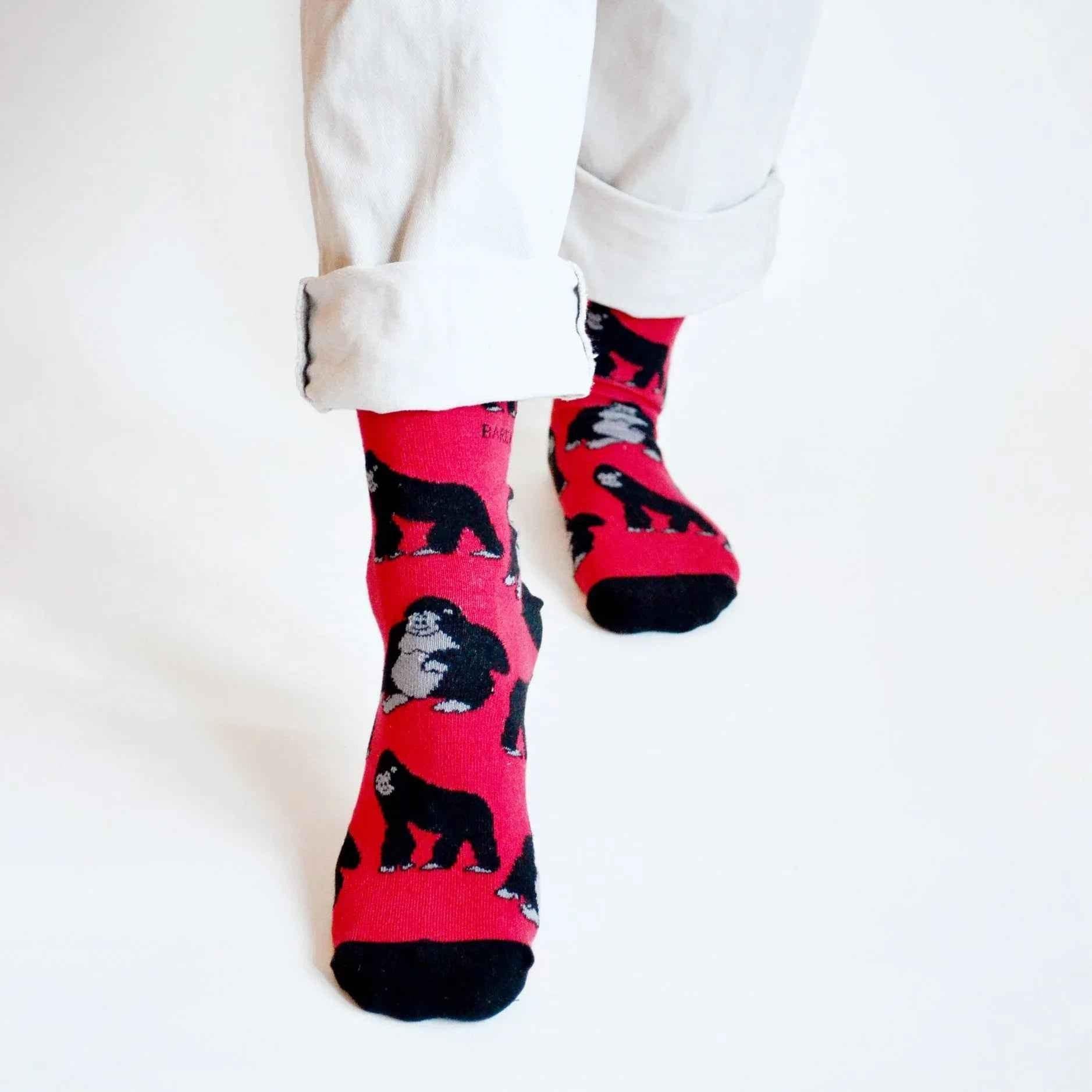Barekind NZ bamboo socks featuring Save the Gorillas design, adult size 4-7, soft and eco-friendly footwear.