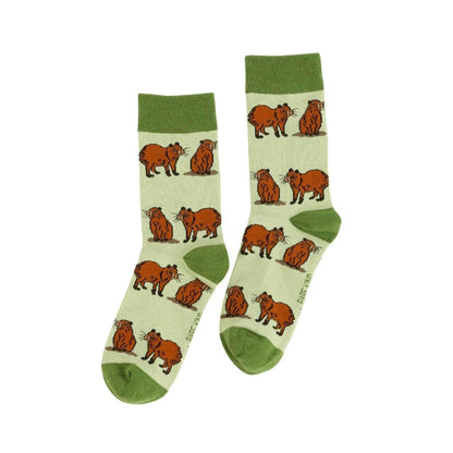 Barekind NZ bamboo socks featuring a green capybara design, adult size 4-7, soft and eco-friendly socks for everyday wear.