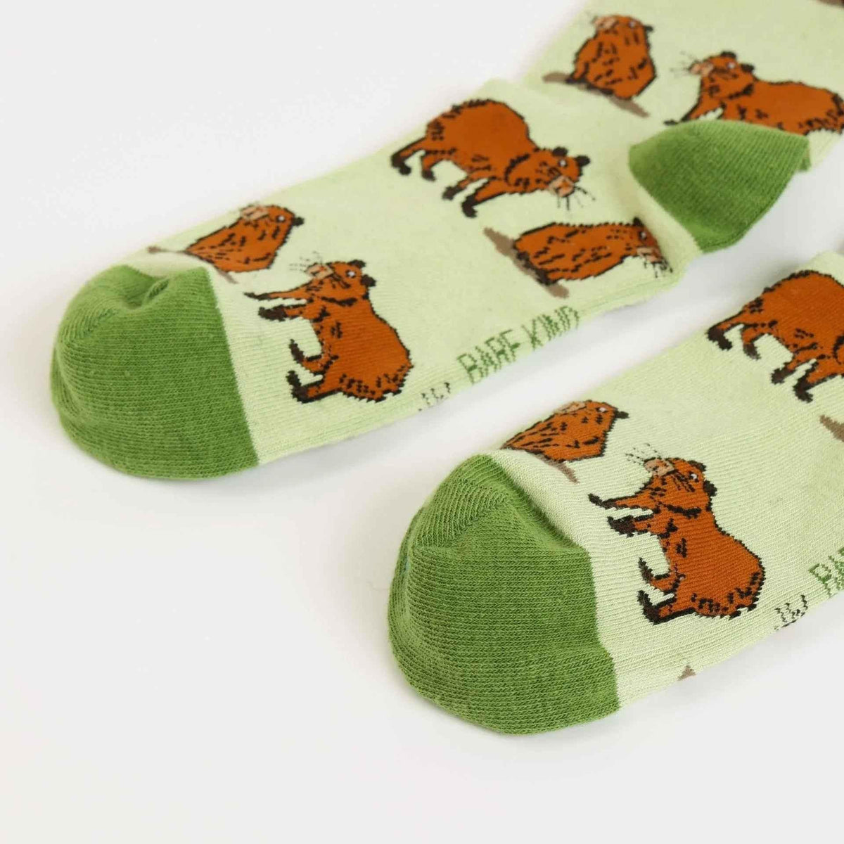 Barekind NZ bamboo socks featuring a green capybara design, crafted for comfort and style in adult sizes 4-7.