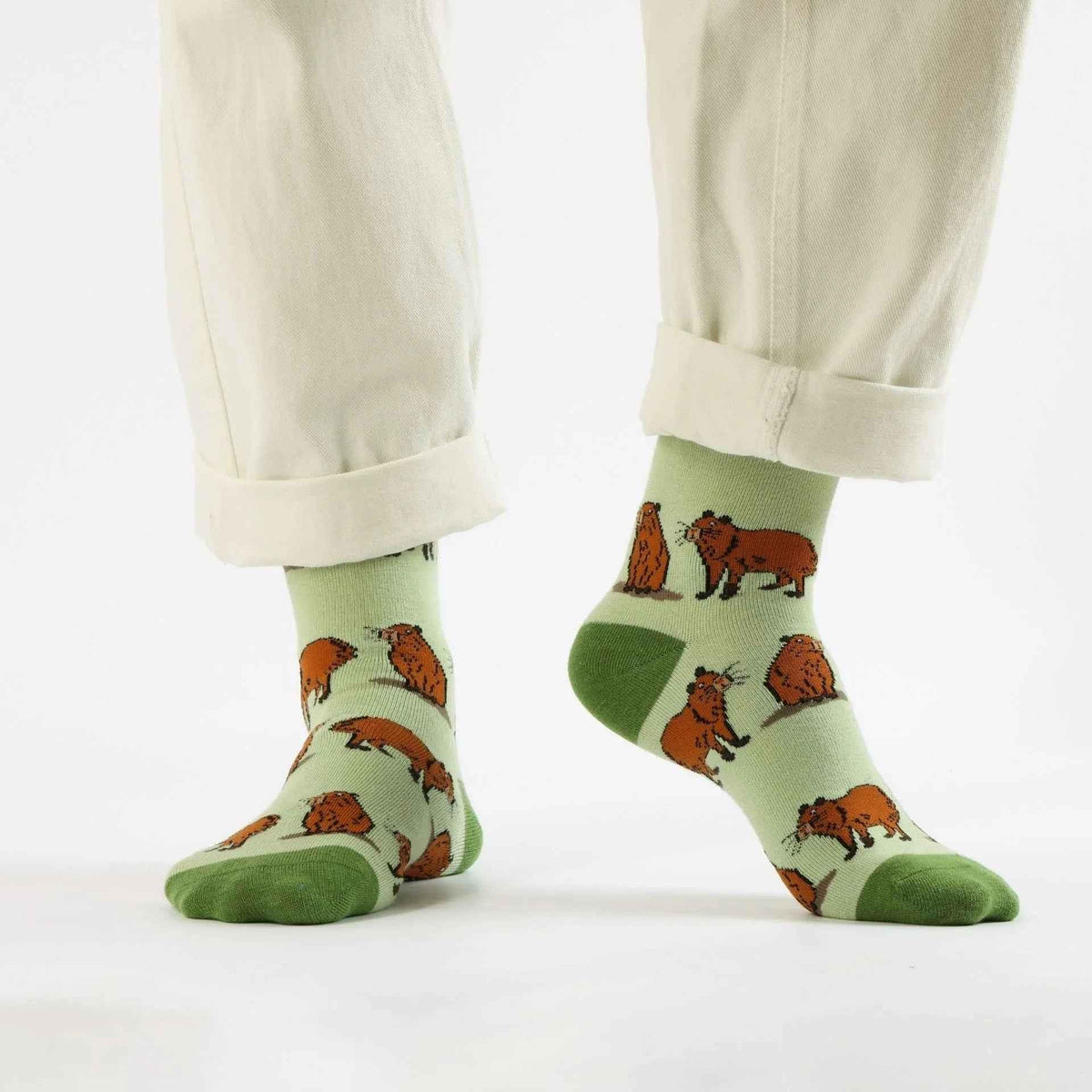 Barekind NZ bamboo socks featuring a green capybara design, soft and comfortable adult socks for everyday wear.
