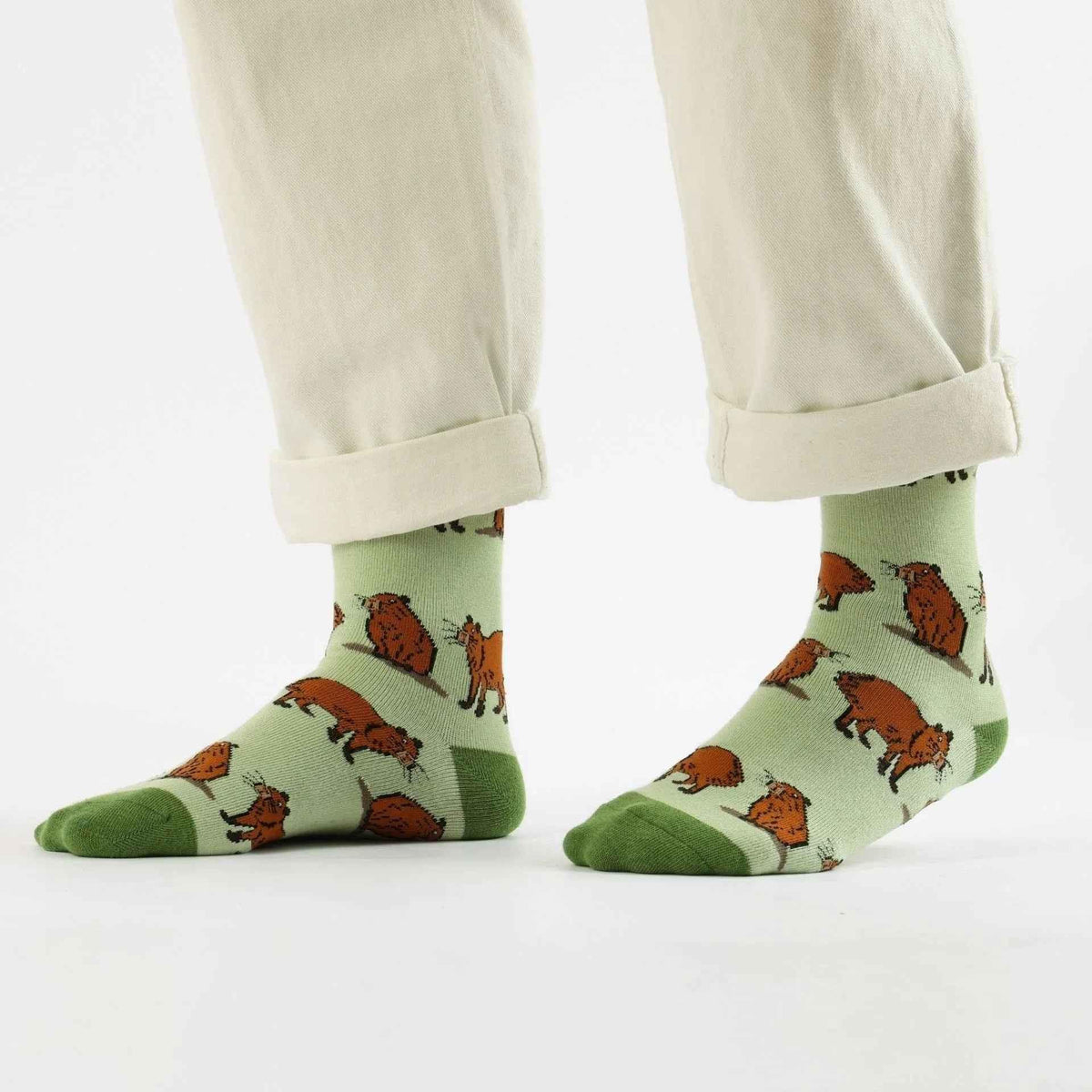 Barekind NZ bamboo socks featuring a green capybara design, adult size 4-7, comfortable and eco-friendly.