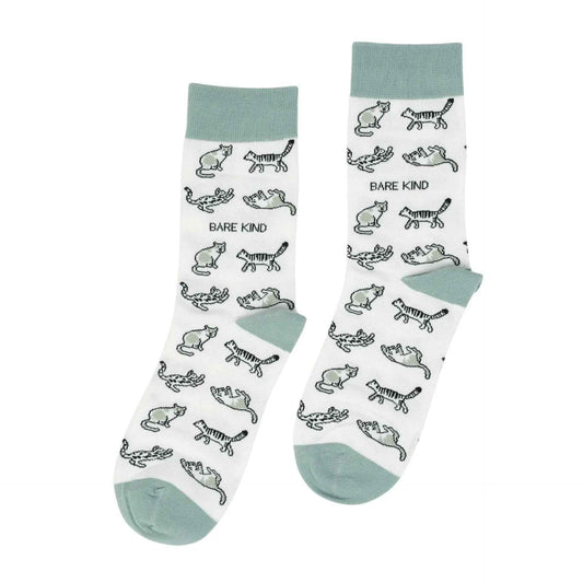Barekind NZ bamboo socks featuring a green cat design, soft and comfortable adult socks for everyday wear.