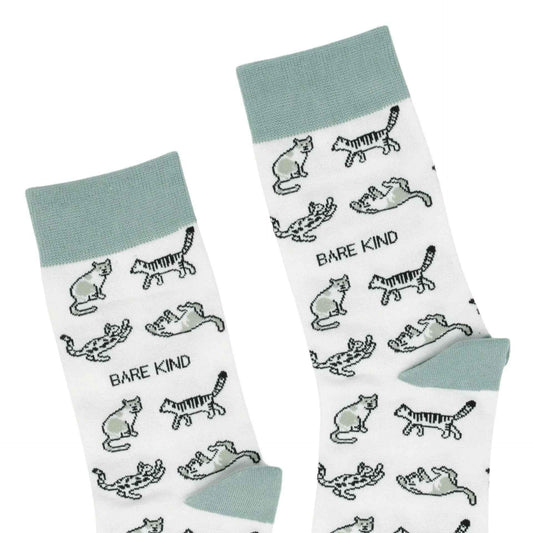 Barekind NZ bamboo socks featuring a green cat design for adults, made from eco-friendly bamboo material.