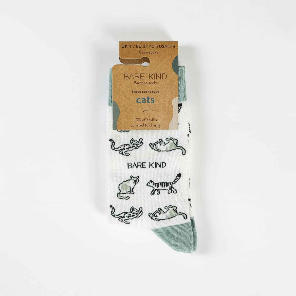Barekind NZ bamboo socks featuring a green cat design, adult size 4-7, comfortable and eco-friendly footwear.