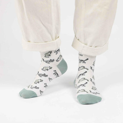 Barekind NZ bamboo socks featuring a green cat design, soft and eco-friendly socks for adults.