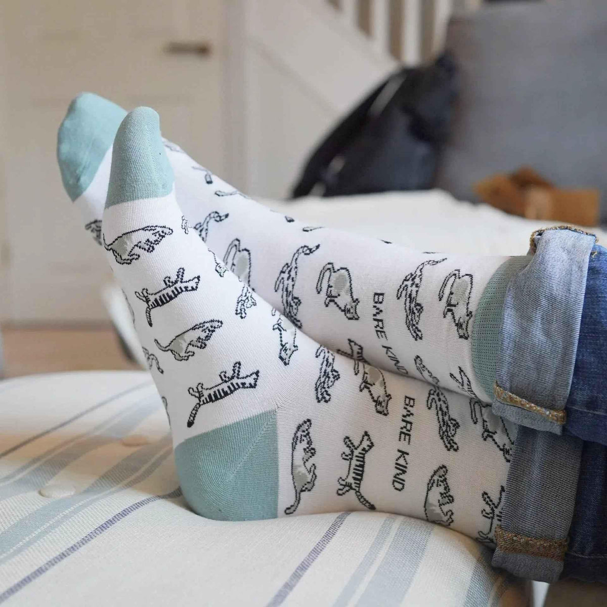 Barekind NZ bamboo socks featuring a green cat design, adult size 4-7, soft and eco-friendly socks for everyday wear.