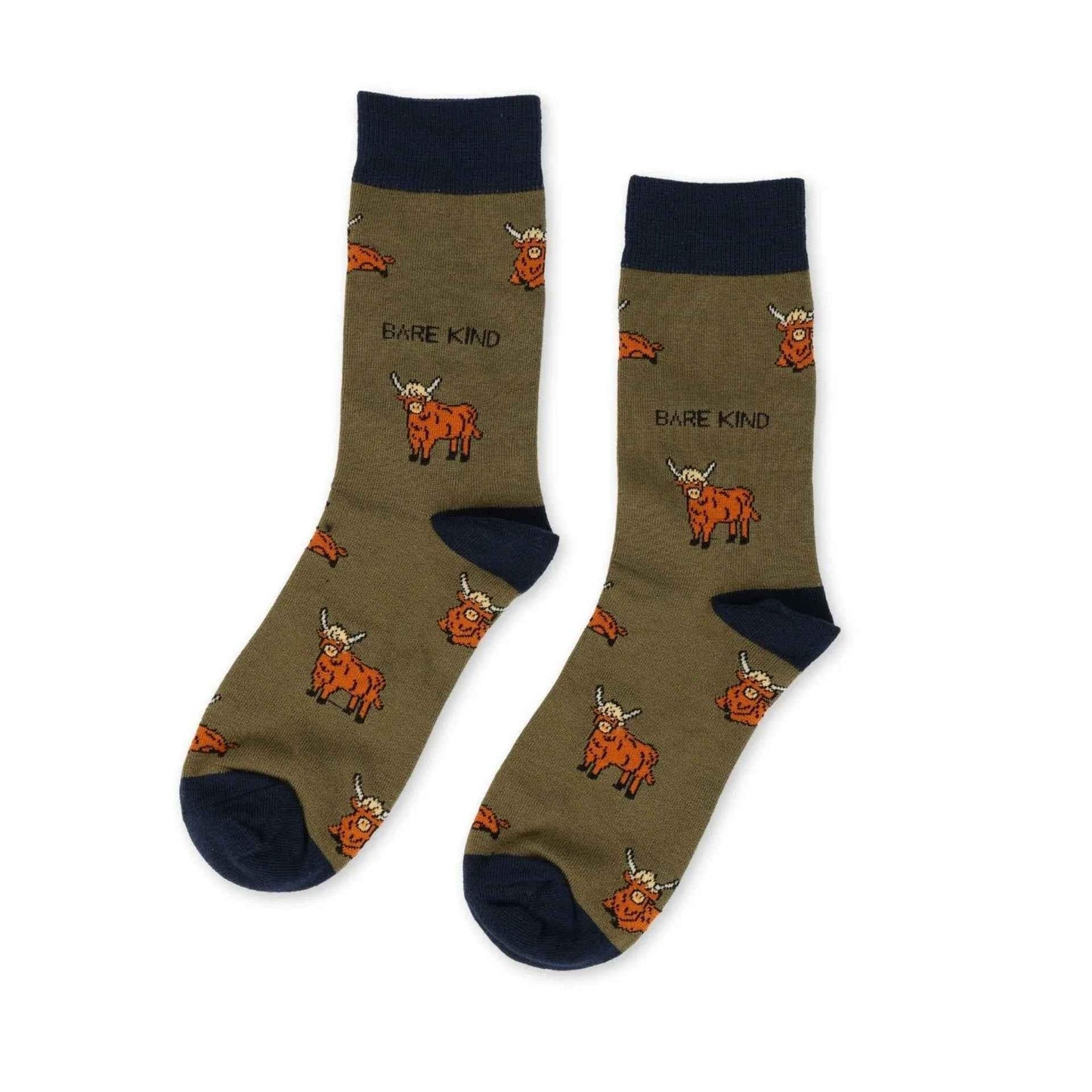 Barekind NZ Save the Green Highland Cow bamboo socks for adults, featuring a colorful Highland Cow design on soft, eco-friendly socks.