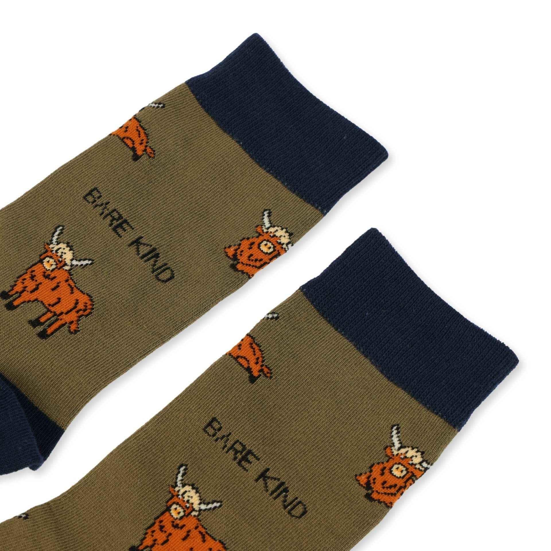 Barekind NZ Save the Green Highland Cow bamboo socks for adults, featuring a playful Highland Cow design on soft, eco-friendly socks.