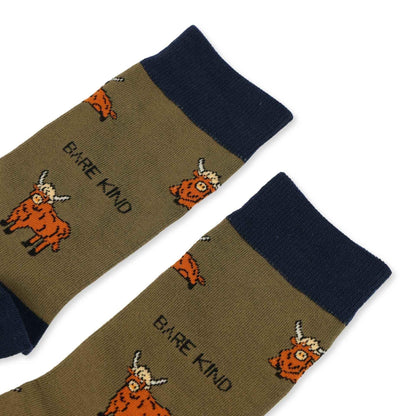 Barekind NZ Save the Green Highland Cow bamboo socks for adults, featuring a playful Highland Cow design on soft, eco-friendly socks.