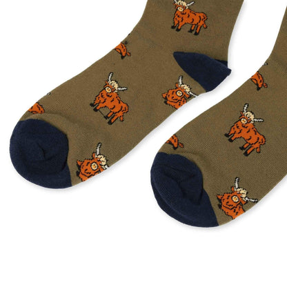 Barekind NZ Save the Green Highland Cow bamboo socks for adults, featuring green Highland Cow design on soft, eco-friendly socks.